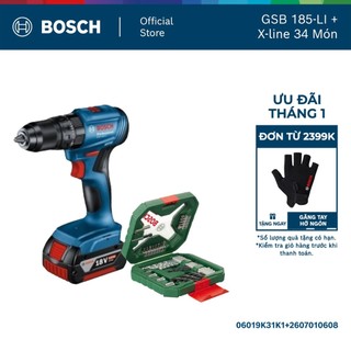  Máy khoan vặn vít pin GSB 185-LI  1 pin  - Tặng kèm 1 Bộ mũi khoan và vặn vít X-Line 34 món 
