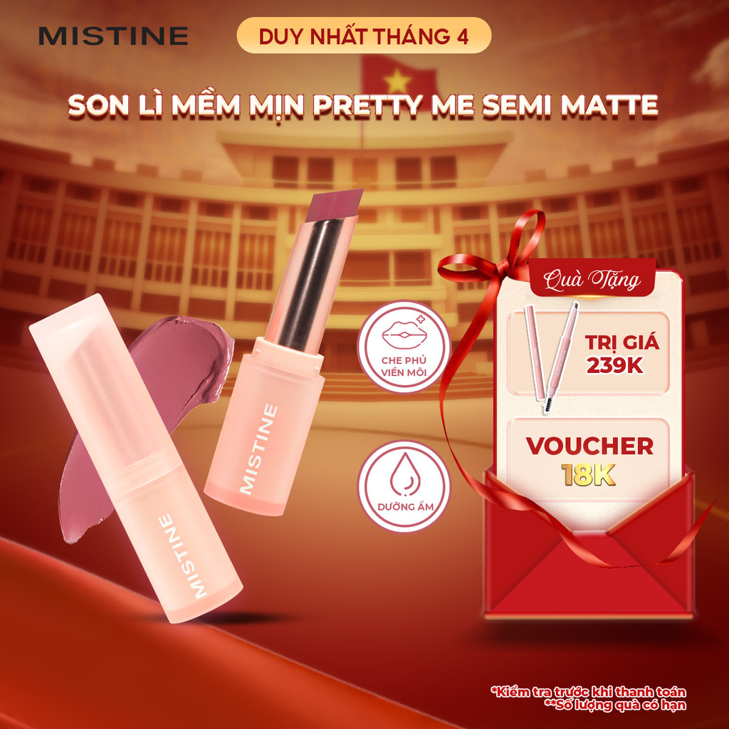 Son lì lâu trôi, mịn, che phủ viền môi, giúp môi mềm mại, tự nhiên chính hãng Mistine Pretty Me Semi Matte Lipstick 3.5g