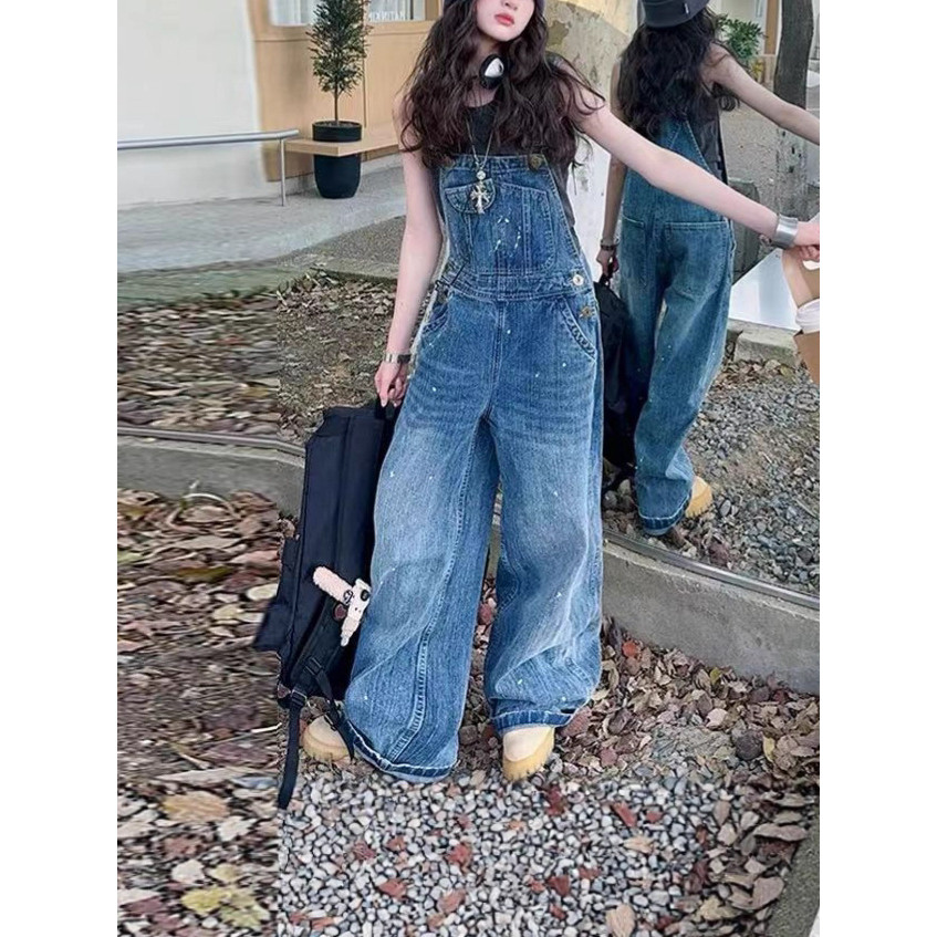 Fufu denim Quần yếm nữ 2025 Quần ống rộng thẳng Retro Splash Ink Đầu thu Sữa muối nhỏ fufu denim tre