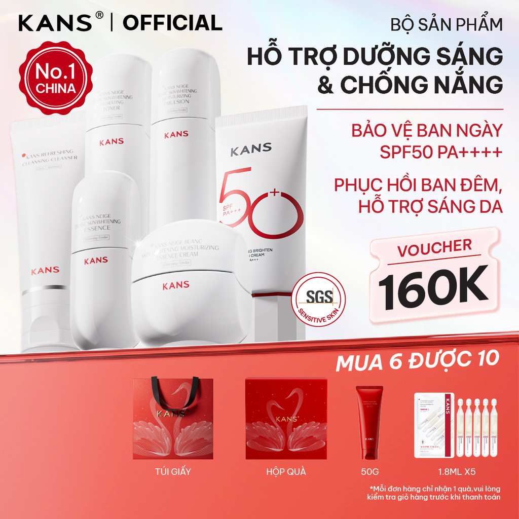 KANS Combo 6 món Dưỡng Trắng Da Toàn Diện - Kem Chống Nắng - Sữa Rửa Mặt - Toner - Lotion - Serum - 