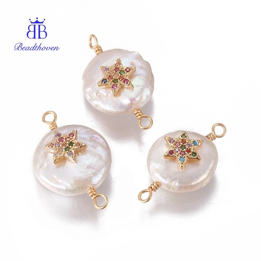 Mặt dây chuyền ngọc trai nước ngọt kết hợp Cubic Zirconia và đồng thau, thiết kế ngôi sao David vàng