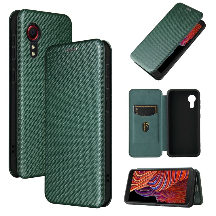 Để giao hàng Dành cho Samsung Galaxy Xcover 5 Kết cấu sợi Carbon Lật ngang TPU + PC + Vỏ da PU có kh