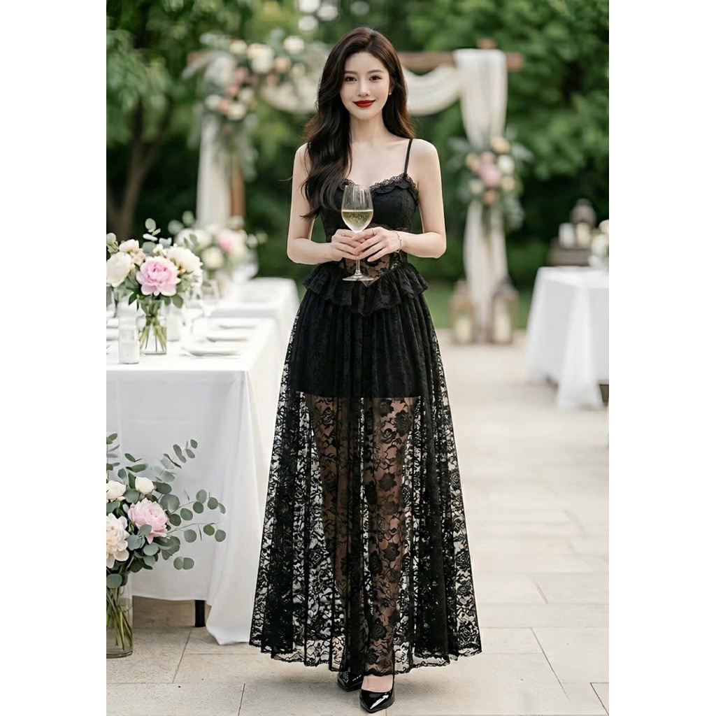 BEN FASHION DESIGN - DR14 ĐẦM REN ĐEN 2 DÂY ĐI CHƠI ĐI BIỂN ĐI DU LỊCH CỰC XINH