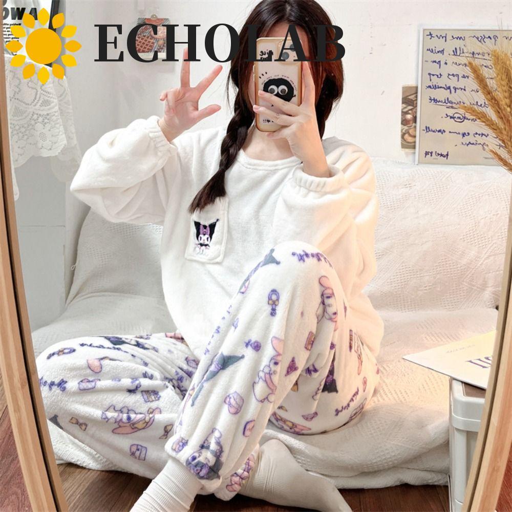 ECHOLAB​ Bộ Đồ Ngủ Nữ, Cinnamoroll Kuromi Coral Fleece Sleepwear, Kawaii Melody Crayon Shin Chan Nig