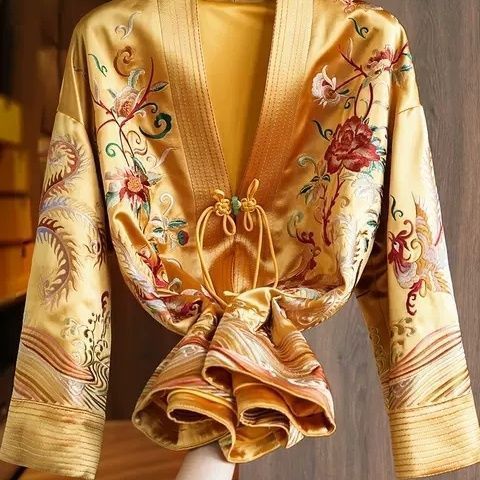 Áo khoác ngắn nữ thu đông phong cách tiền acetate, thêu cổ chữ V