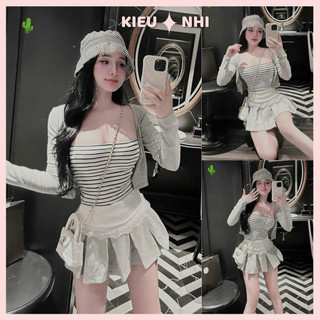 Set 3 Món Nữ Gân Đũa QC: Áo Khoác Cardigan + Áo Quây Kẻ + Chân Váy Xếp Ly Có Quần Lót Trong Dưới 52kg