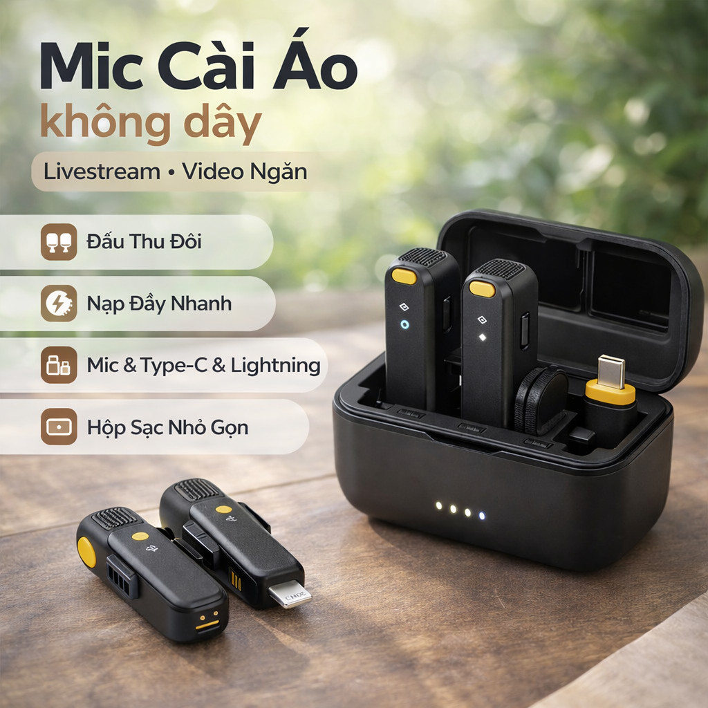 Mic cài áo không dây mic livestream mic thu âm không dây mic cài áo cho điện thoại mic quay video mi