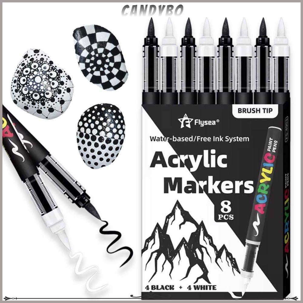 CANDYBO 8 chiếc Bút đánh dấu sơn Acrylic, Đầu mềm màu đen trắng Bút đánh dấu mực dung tích lớn, Chất
