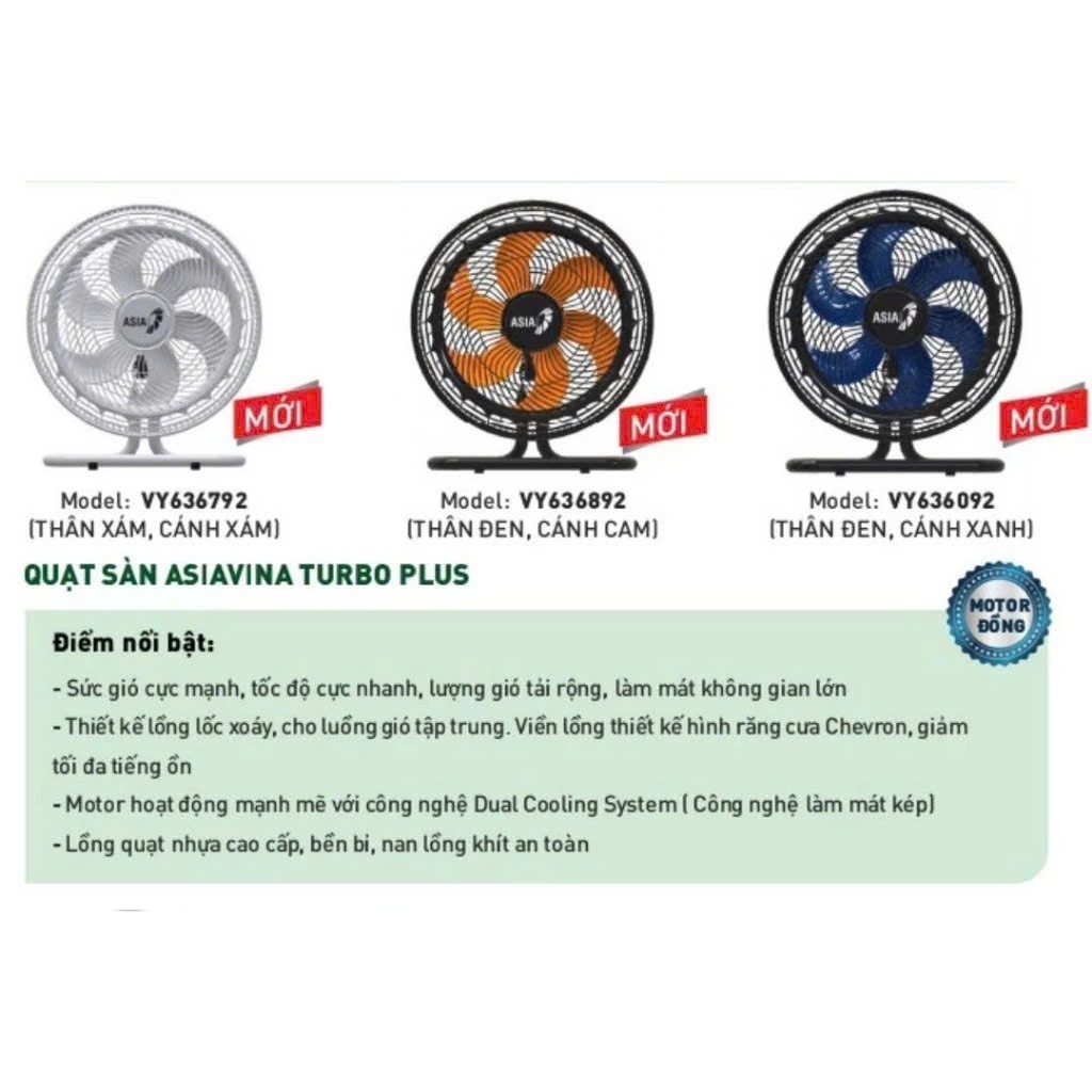 Quạt sàn ASIA VINA 4 tốc độ gió siêu mạnh 90W, 6 cánh quạt mát TURBO PLUS VY636792 / VY636892 / VY636092 - SIDEAL SIL | BigBuy360 - bigbuy360.vn