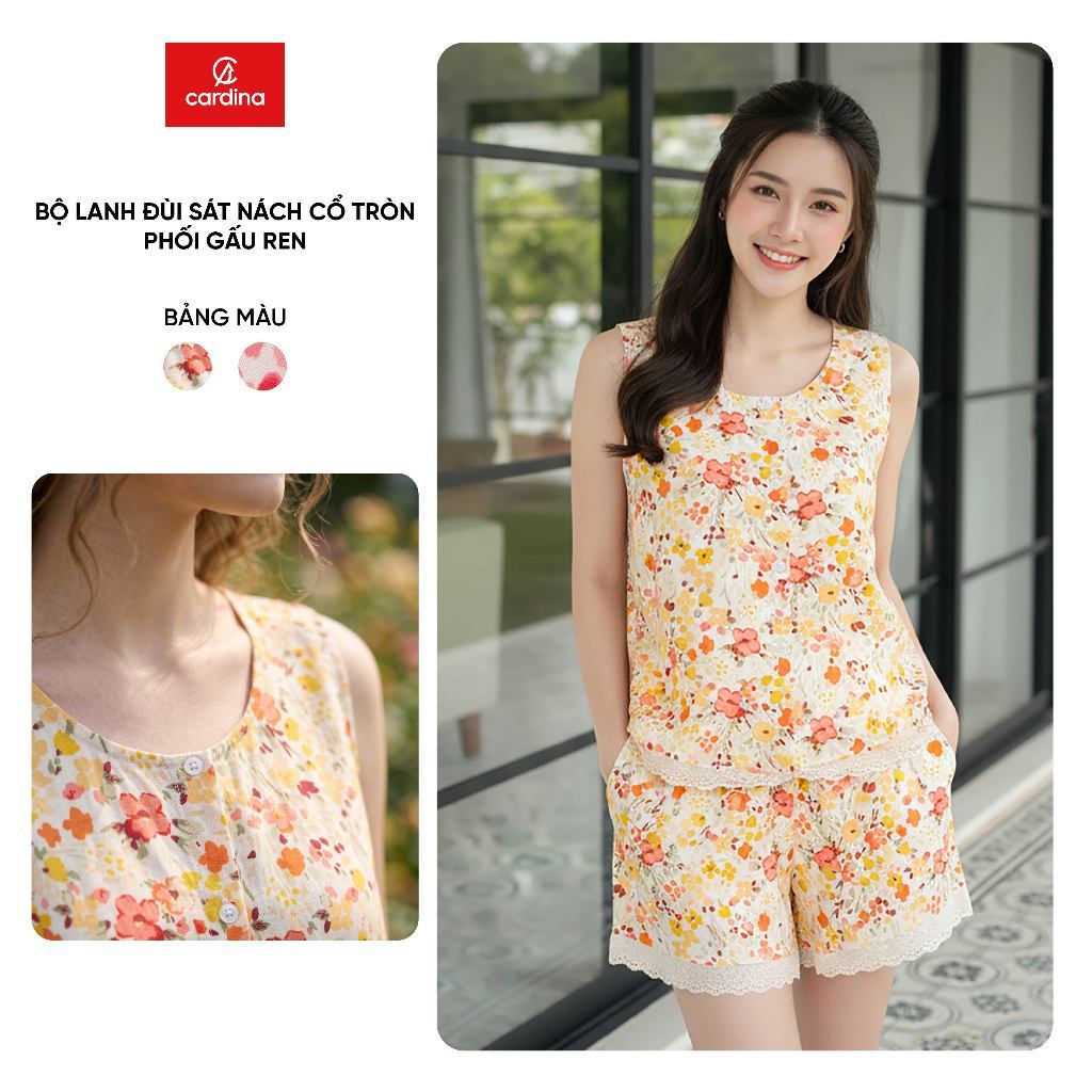 Bộ đồ mặc nhà nữ CARDINA chất liệu lanh sát nách đùi cổ tròn gấu ren 6BLN04