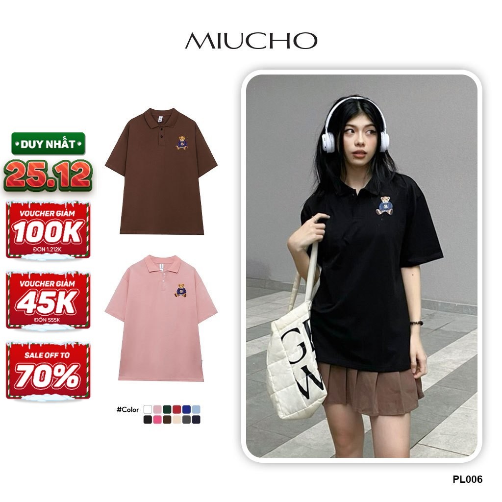 Áo polo nữ hình gấu form rộng có cổ đẹp chất cotton form unisex PL006 Miucho in hoạ tiết