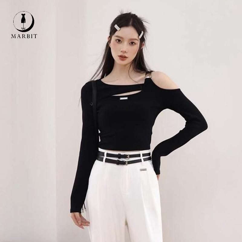 Marbit Street Style Y2K Áo thun dài tay hở vai không đều rỗng cho nữ FHS