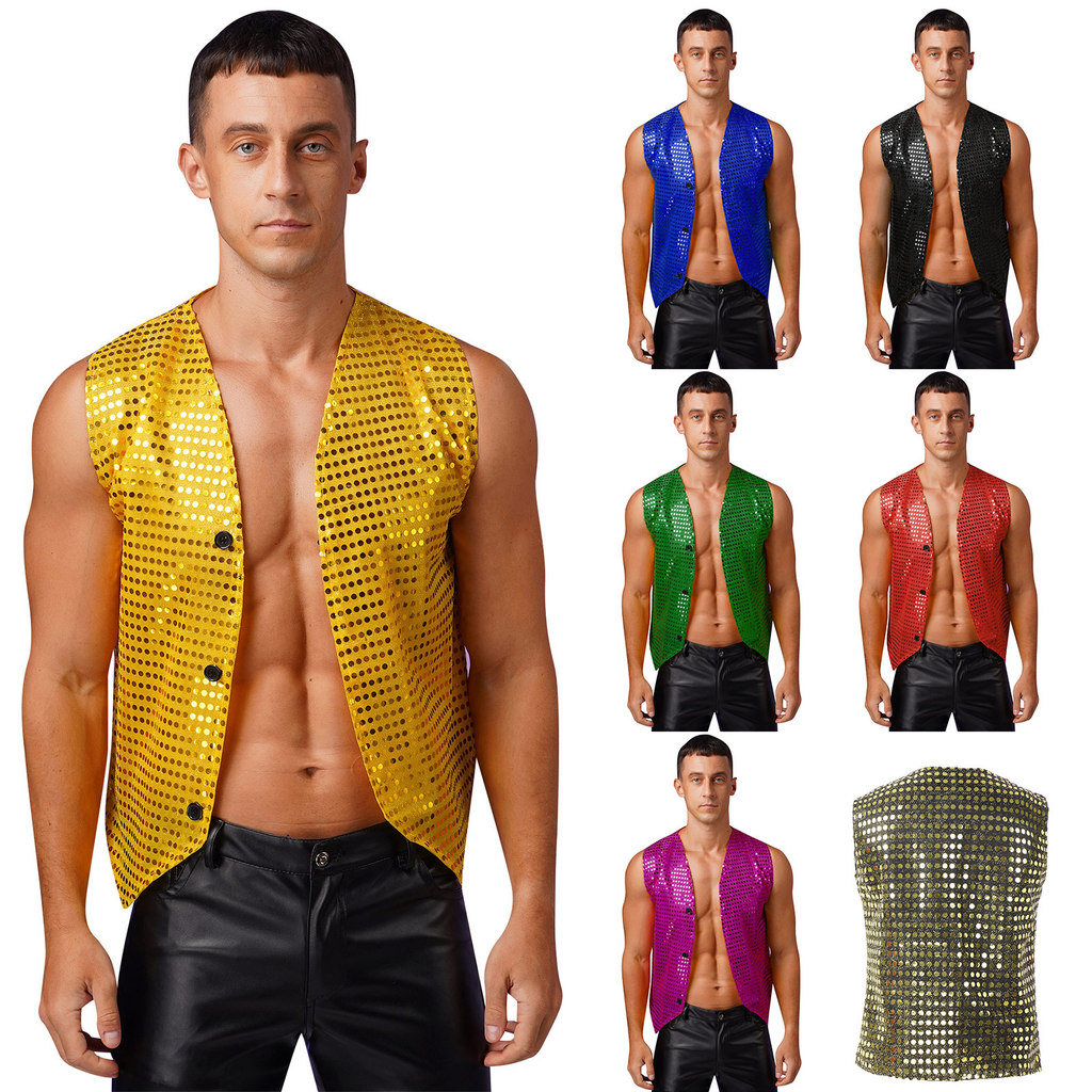 Inhzoy Nam Lấp Lánh Sequin Áo Vest Không Tay Cổ Chữ V Nút Lên Kim Sa Lấp Lánh Áo Vest Màu Trơn Cho C