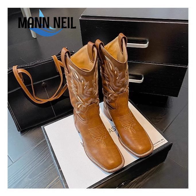 2025 Sản Phẩm Mới 2025 He Sui Retro Western Cowboy Boots Martin Boots Nữ Thêu Cao Hiệp Sĩ Giày V-Mou