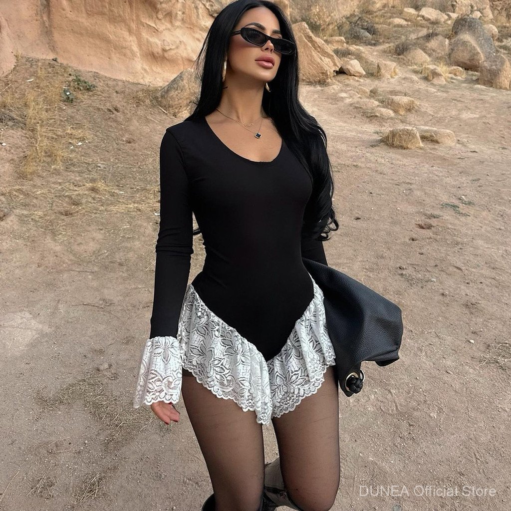 DUNEA Phụ Nữ Mới Bodycon Cổ Tròn Màu Khối Dài Tay Ren Bodysuit