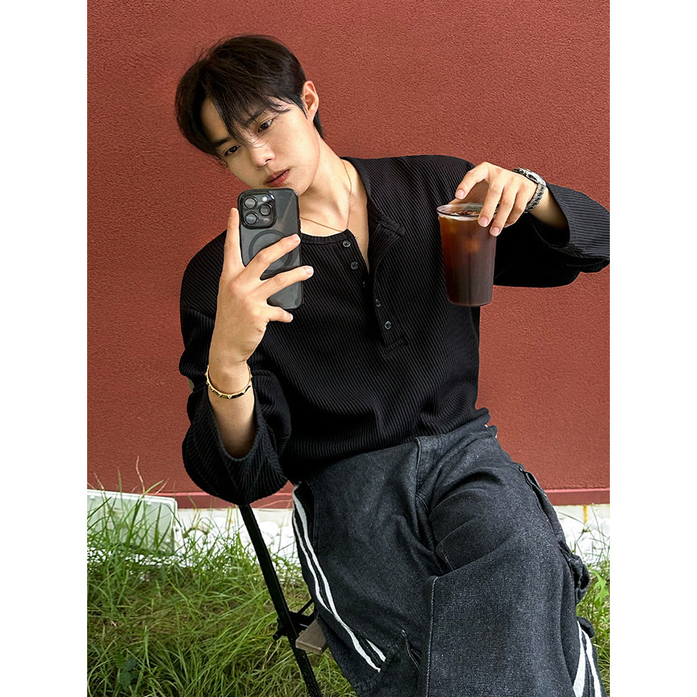 MYQ Old Money Style Henry Collar Long Sleeve T Men's Autumn Loose Waffle Base Shirt Commuting Outfit