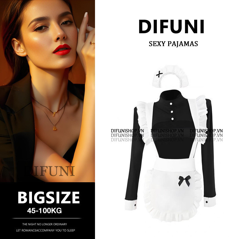 Bộ Đồ Ngủ Nữ Sexy Rỗng 2 Mảnh Bigsize Váy Ngủ Sexy Cosplay Hóa Trang Cô Hầu Gái Maid Gợi Cảm Tay Dài