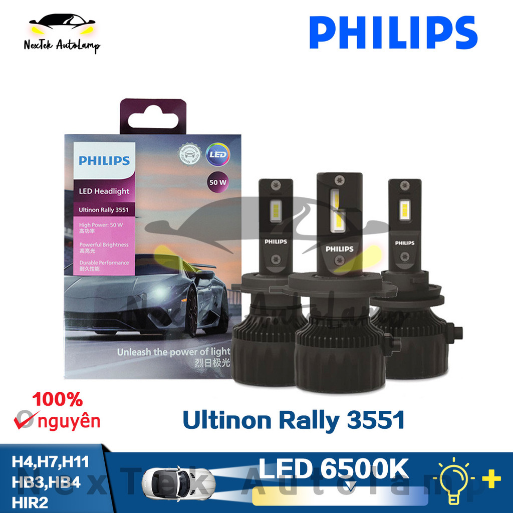 Philips Ultinon Rally 3551 LED H4 HB4 H7 H11 HB3 HIR2 50W 6500K Đèn Trắng Công Suất Cao Đèn Pha Ô Tô