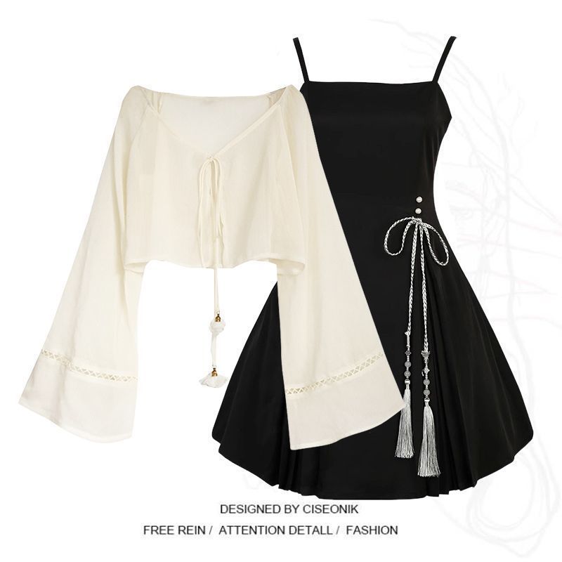 Set trang phục cổ trang đầm hai dây đen xòe kèm áo khoác ngắn trắng tay loe tiểu thư,cổ phục tàu,áo 