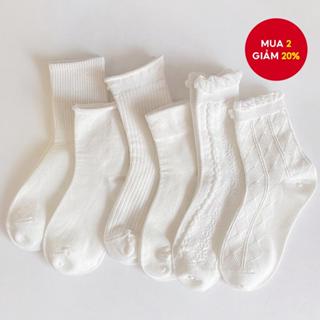 Tất đi học JK - Tất tròn trắng nguyên chất thoáng khí dành cho nữ, bắp chân có khả năng kiểm soát mùi hôi, viền cuộn & gân (1 đôi)
