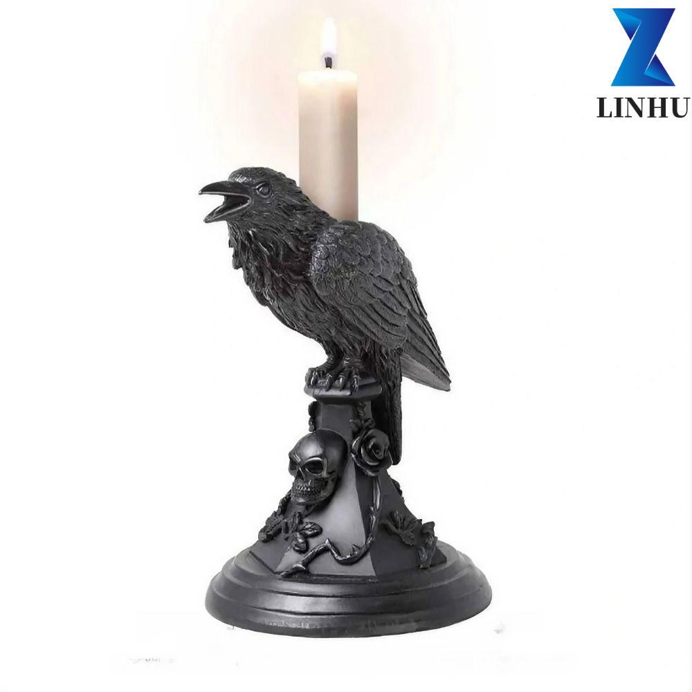 LINHU Halloween Gothic Candle Holder, Nhựa Đen Crow Candle Holder, Retro Owl Crow Gothic Owl Candle 