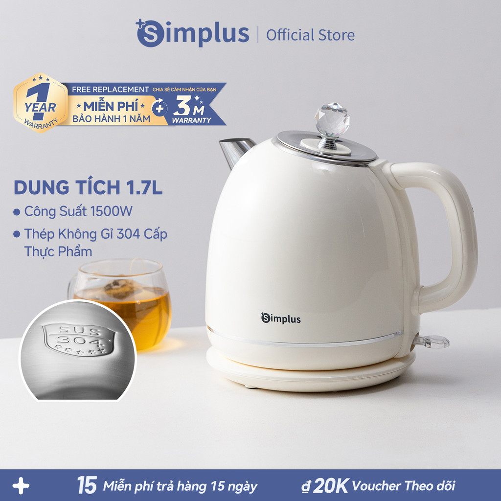 Simplus Ấm Đun Nước Cổ Điển Dung tích 1.7L Thép Không Gỉ 304 DRSH006 - Bảo Hành 1 Năm 1 Đổi 1