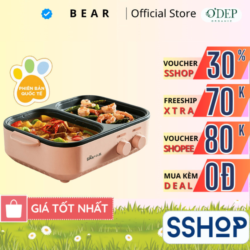 Bếp Lẩu Nướng Điện 2 Ngăn Đa Năng Mini 2 trong 1 Bear DKL-C12D1 - Hàng chính hãng - SSHOP SSA