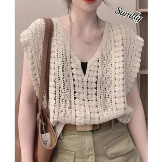 Áo dệt kim không tay cổ chữ V khoét lỗ Sumlly -Áo len lưới dáng rộng phong cách Hàn Quốc dành cho nữ