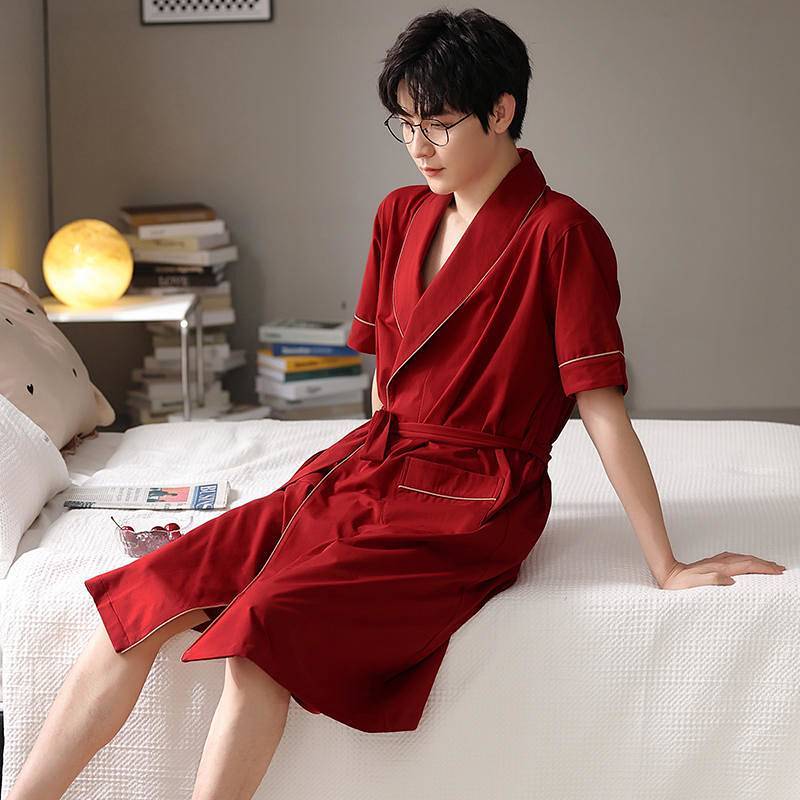 Men's Summer Morning Gowns Cotton Nightgown Summer Men's Pajamas Large Size Thin Bathrobe Homewear j