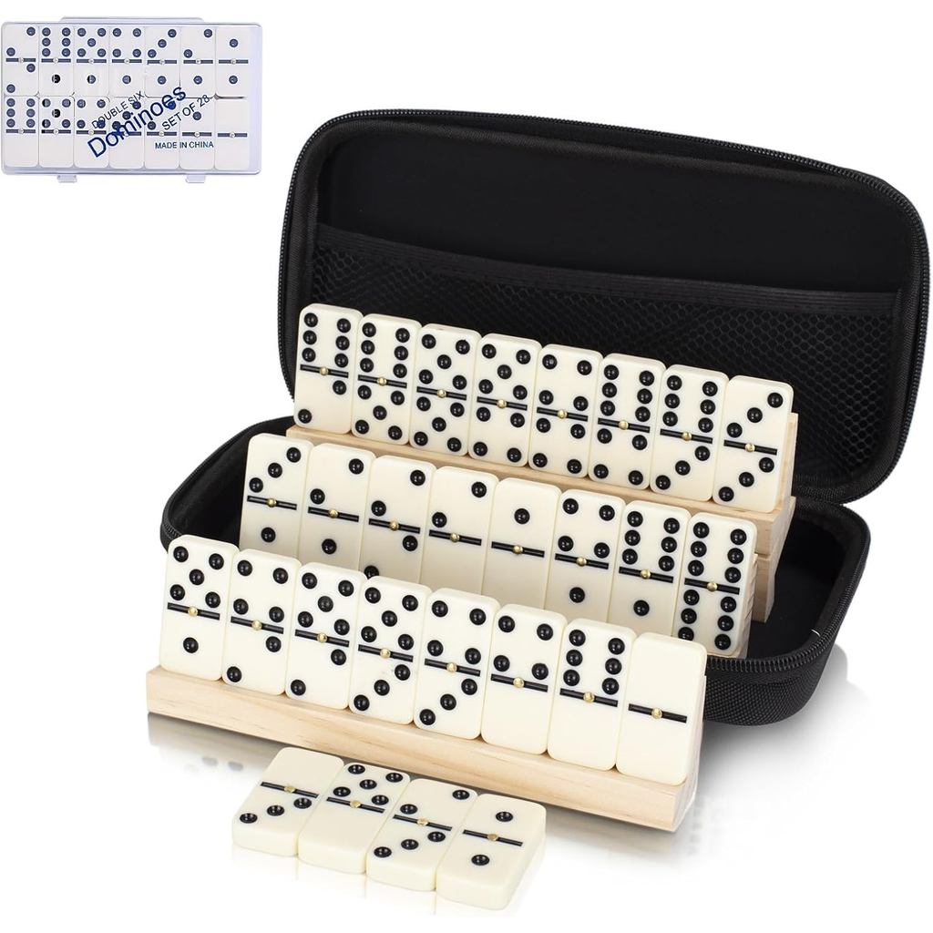 Bộ Double 6 Dominos dành cho người lớn, Dominos 28 gạch bền bỉ với 4 giá đỡ và hộp đựng bằng gỗ, Trò