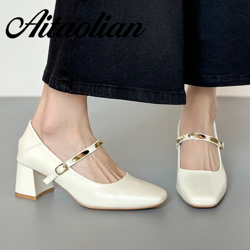 (Size 34-40) Da Thật Đế Bằng 6cm Giày Nữ Vuông Giày Nữ Giày Cao Gót Phong Cách Anh Giày Da Nữ Lười G