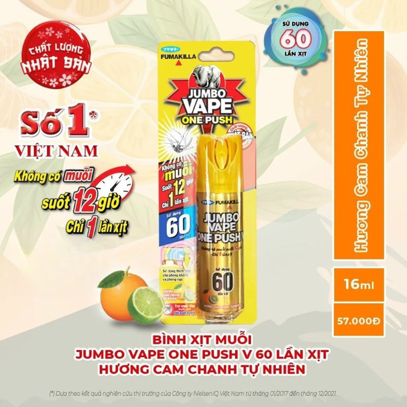 bình xịt muỗi Jumbo One Push 60 lần xịt, không có muỗi suốt 12h chỉ 1 lần xịt
