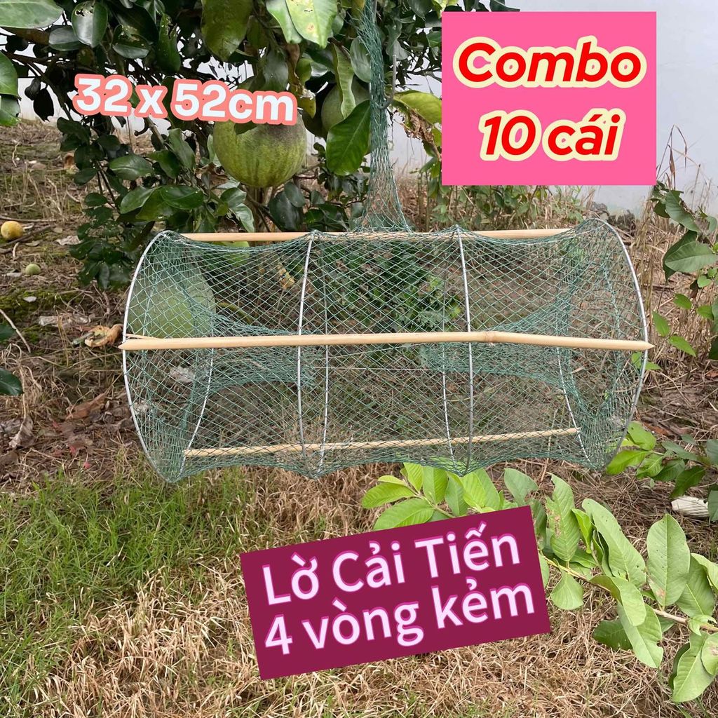 (Combo 10 chiết) Lờ đặc cá Cải tiến, lờ kẻm 4 vòng, kích cỡ 32 x 52cm có kèm tre dựng lờ.. bắt cá