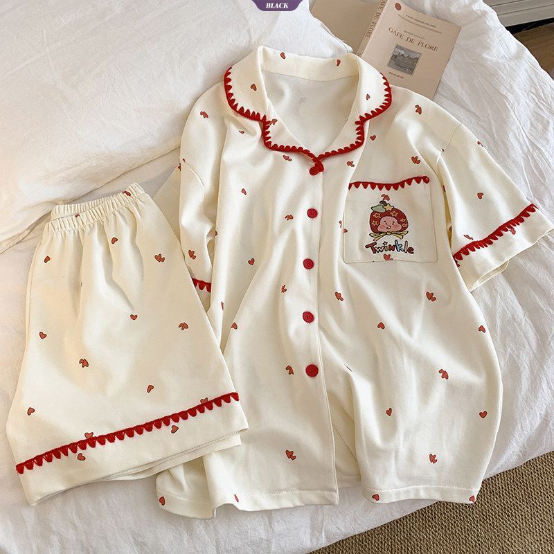 Bộ đồ ngủ mùa hè ngắn tay phong cách Nhật Bản với họa tiết dễ thương của Apple và Star People, phù h