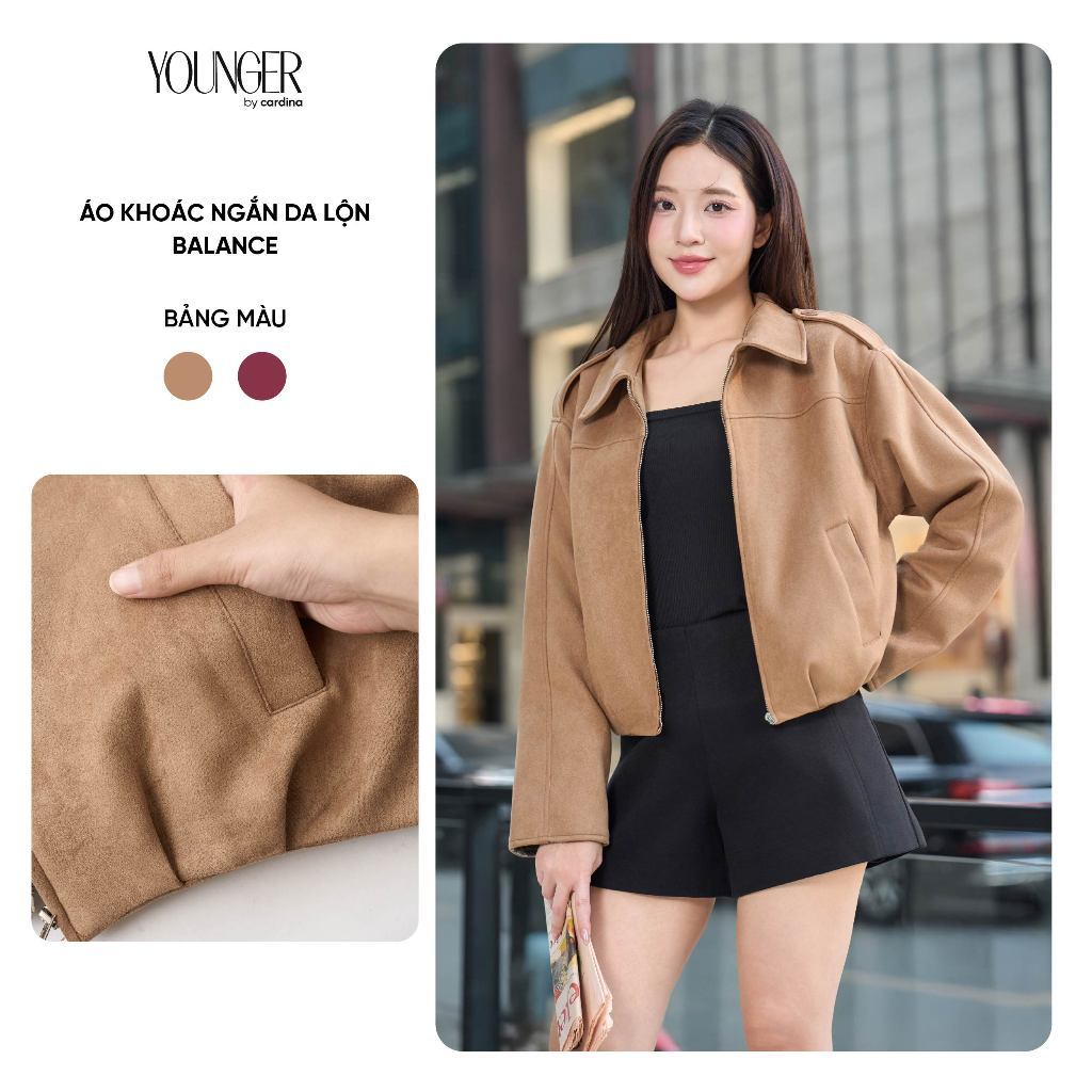 5YAKD28 Áo khoác da lộn nữ BALANCE  YOUNGER BY CARDINA dáng ngắn bom gấu