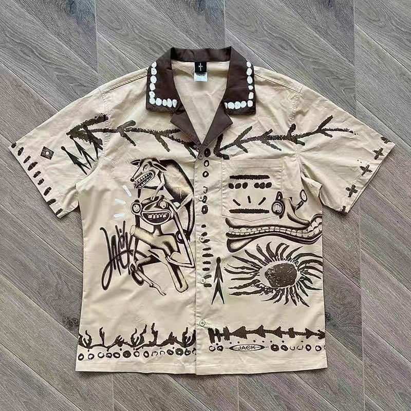 SKHH Travis Scott Cactus Jack Painter Button Up Graffiti Print Short Sleeve Shirt
