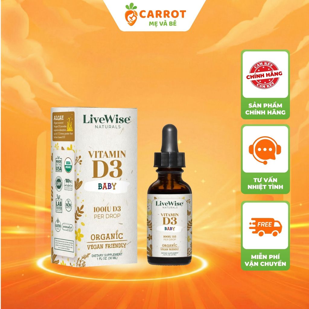 Vitamin D3 Baby 100IU Livewise Thuần Chay Cho Bé Dạng Giọt 24ML Carrot- Mẹ Và Bé
