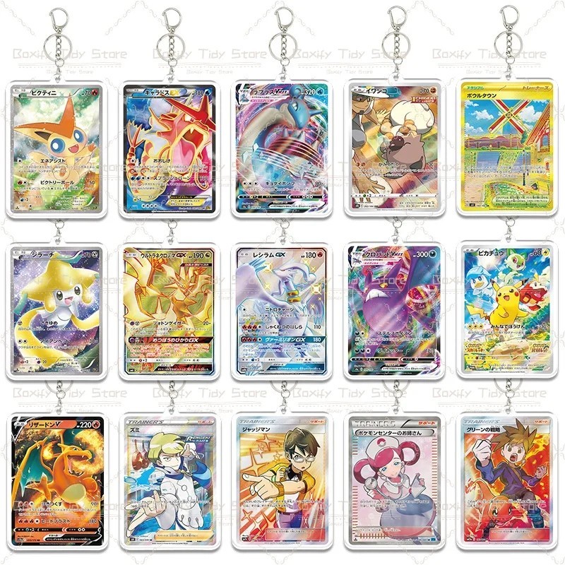 Móc khóa Pokemon thẻ bài TCG Acrylic mô hình Charizard Pikachu Lugia Espeon phụ kiện treo cặp túi xá