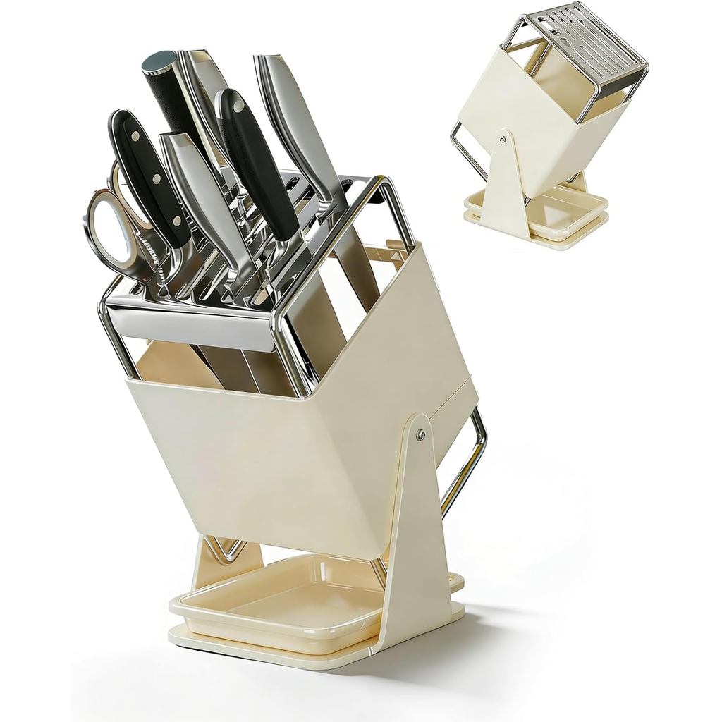 Cream Carbon Steel Kitchen Knife Holder, 30° Rotating Universal Knife Block with 9 Slots, Safe Slant