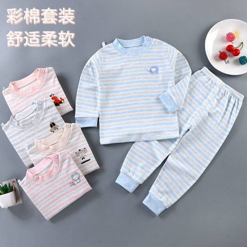 Children's Colored Cotton Autumn Suit Men's and Women's Baby Cartoon round Neck Warm Pajamas Infant 
