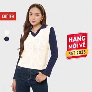  Áo len gilet nữ CANIFA cổ V không tay họa tiết vặn thừng 6TE25W008 