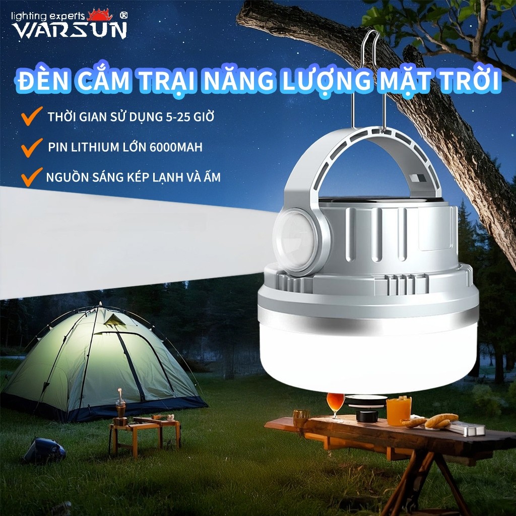 Đèn cắm trại Warsun ES06 800LM siêu sáng, chống nước IPX5 | Pin 6000mAh sạc năng lượng mặt trời & US