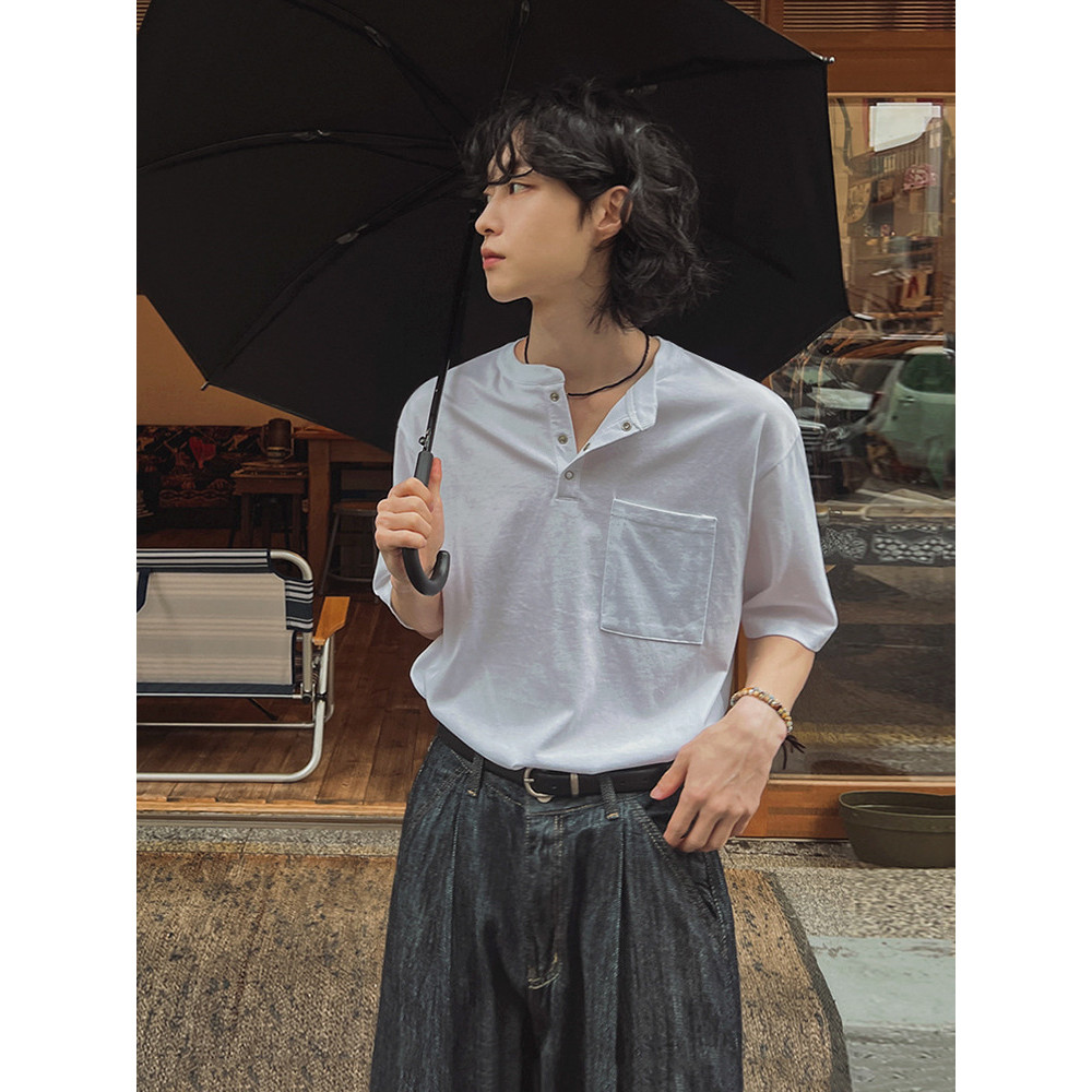 MYQ Old Money Style Henry Collar Short Sleeve Men's Summer Loose Casual Half Sleeve T Shirt Commutin