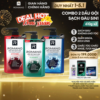  Combo 2 Dầu gội nam sạch gàu 5in1 Romano hương nước hoa Classic  Force  Attitude 610g   650g 