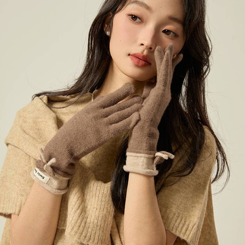 Bow Wool Knitting Gloves Winter Outdoors Cold-Proof Warm and Cute Student Touch Screen Driving Glove