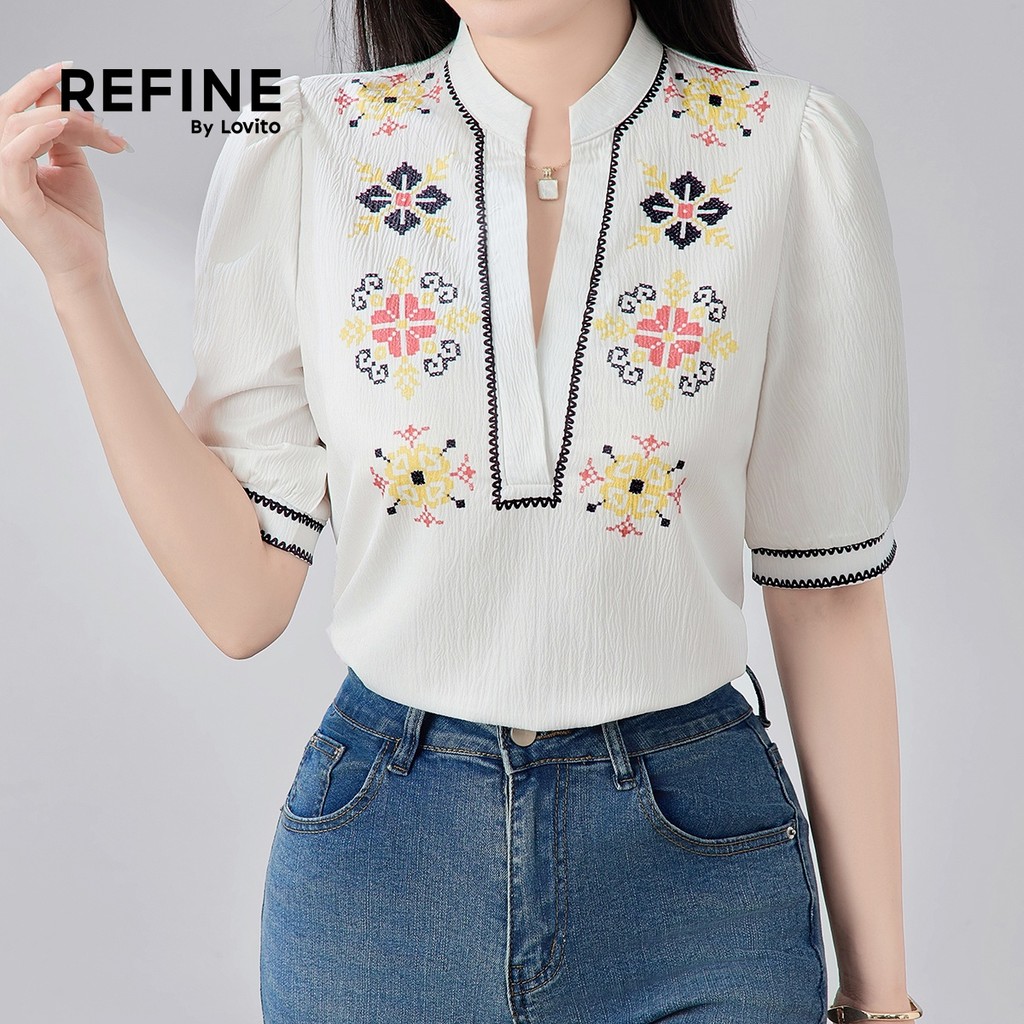 (Lovito Refine) Áo sơ mi Boho Xuân/Hè trắng ngà cho phụ nữ LR23E057