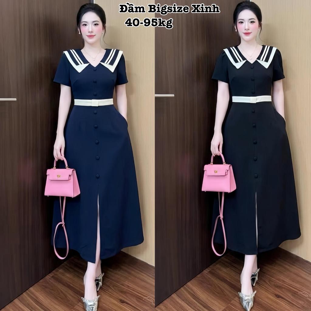 Đầm Váy Bigsize Luxury Én Nhỏ Thiết Kế Dáng Dài Tay Ngắn Nút Bọc Cổ Phối Xinh Bigsize Form Dáng Chữ 