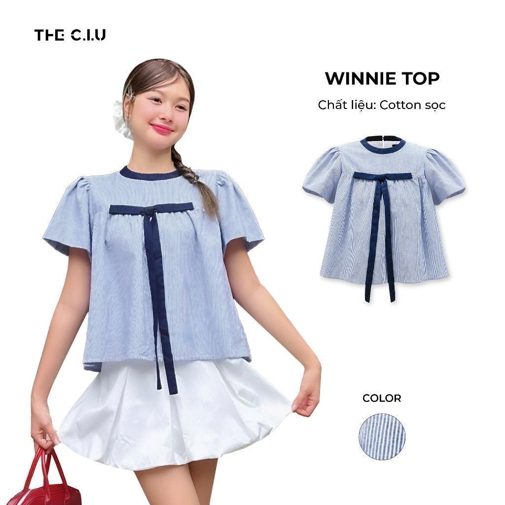 Áo kiểu babydoll sọc viền bo cổ tay phồng phối nơ THE C.I.U, áo thiết kế nữ chất cotton sọc form rộng dễ phối – Winnie T | BigBuy360 - bigbuy360.vn
