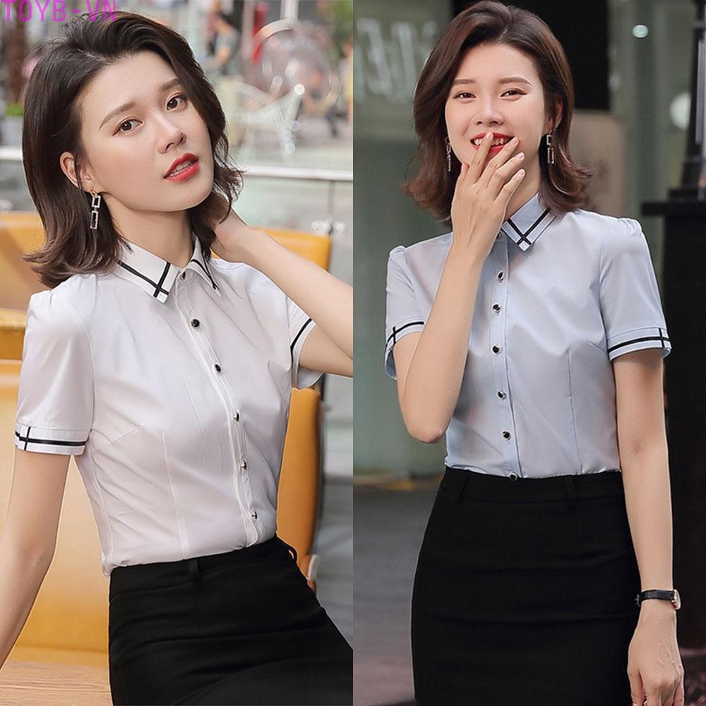 【TOYBOX】Elegant Women's Stripe Shirt Slim Fit Blouse Short Sleeve Collar Tops for Office