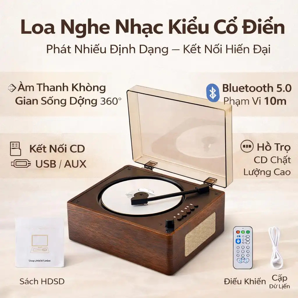 Máy nghe CD retro Bluetooth loa gỗ cổ điển, máy phát đĩa CD tích hợp loa, phát nhạc không dây, dùng 